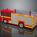 Red And Yellow Fire Truck With Ladder And Rescue Sign On Reflective Surface