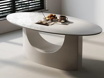 Modern White Oval Dining Table With Smooth Surface Curved Base Coffee Cup And Bread Tray 3d model