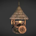 Traditional Wooden Well Garden Ornament with Conical Roof Stone Base and Wooden Wheel