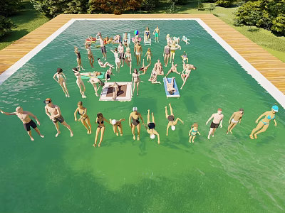 Group of People Having Fun In Outdoor Swimming Pool With Green Surroundings And Wooden Deck 3d model