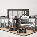 Container Building Cafe Featuring Retro Design Glass Windows And Outdoor Seating 3d model