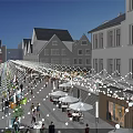 Vibrant Commercial Street At Night With Decorative Lights And Pedestrians