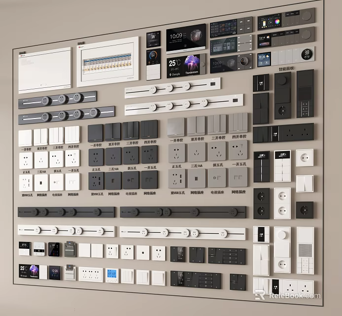 Diverse Modern Switch Panels with Multiple Designs Colors and Functional Features for Home Electrical Systems 3d model 