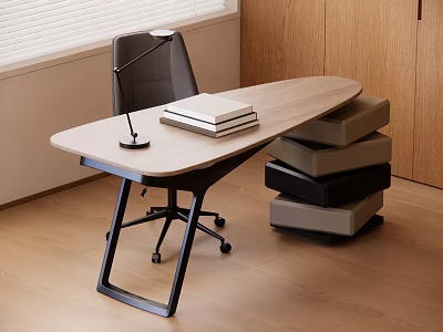 Modern Wooden Desk with Black Chair Lamp Books and Storage Boxes near Window 3d model