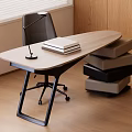 Modern Wooden Desk with Black Chair Lamp Books and Storage Boxes near Window