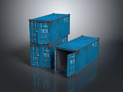 Three Blue Shipping Containers With Stacked Units And One Open Door 3d model