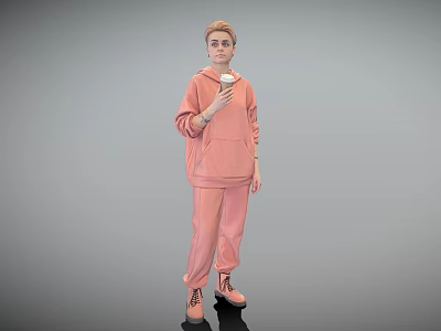 Woman in Pink Hoodie and Sweatpants Holding Coffee Cup Against Gray Background 3d model