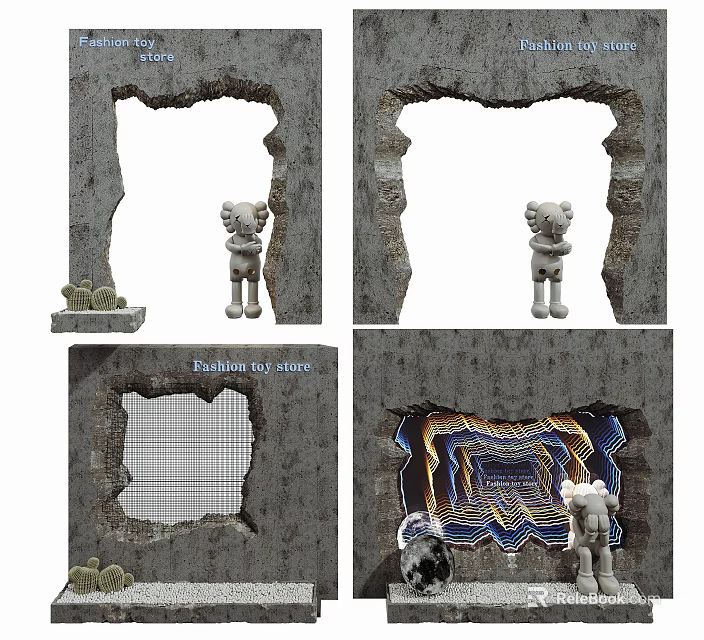 Stone Texture Background Wall With Broken Design Bear Sculpture Nature Inspired Colorful Layers Decor Elements 3d model