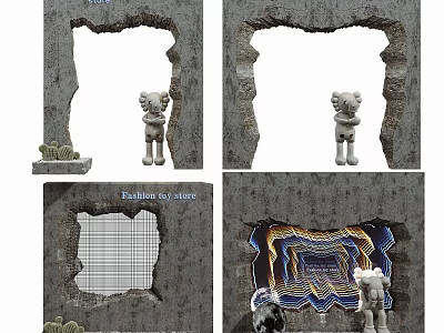 Stone Texture Background Wall With Broken Design Bear Sculpture Nature Inspired Colorful Layers Decor Elements 3d model