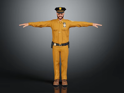 Male Police Officer In Yellow Uniform With Cap Beard And Outstretched Arms 3d model