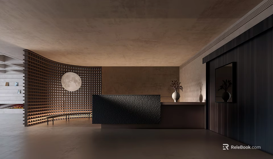 Elegant Modern Front Desk Reception Interior With Curved Wall Circular Decoration Dark Countertop And Vases 3d model 