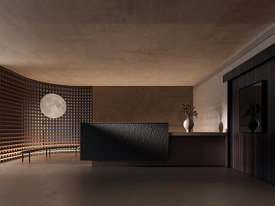 Elegant Modern Front Desk Reception Interior With Curved Wall Circular Decoration Dark Countertop And Vases 3d model