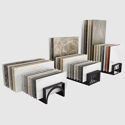 Various Floor Tiles In Different Materials And Colors Displayed On Stands 3d model