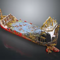 Old Rusty Water Transport Ship With Weathered Metal Hull And Red Blue Sections