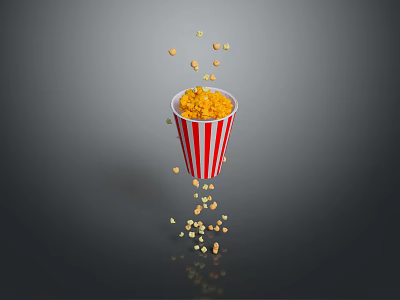 Fresh Popcorn in Red and White Striped Paper Cup Spilling on Dark Background 3d model