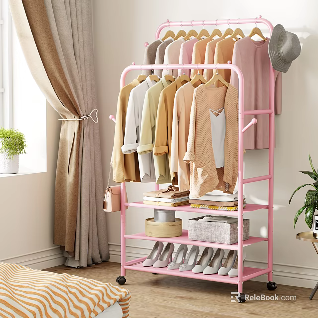 Pink Clothing Rack with Hanging Clothes Hats Books Boxes and Shoes in Bedroom 3d model 