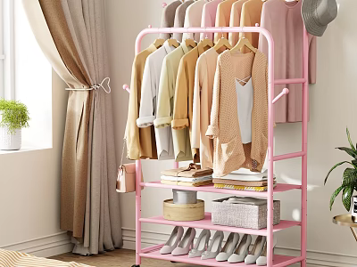 Pink Clothing Rack with Hanging Clothes Hats Books Boxes and Shoes in Bedroom 3d model