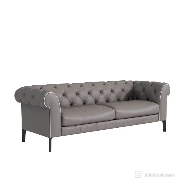 Classic Gray Tufted Two-Seater Sofa With Rolled Arms And Black Legs 3d model