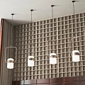 Modern Pendant Lights Hanging Over Grid Patterned Wall With Wooden Accents 3d model
