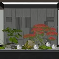 Modern Courtyard Garden Featuring Dark Wall Green Plants Red Flowering Tree Stones Round Lights Gravel