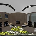 Public Office Space Open Layout Workstations Ergonomic Chairs Computers Green Plants Large Windows Gray Carpet 3d model