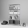 Metal Wire Storage Shelving Unit With Tires White Containers Yellow Bottles Black Equipment And Baskets