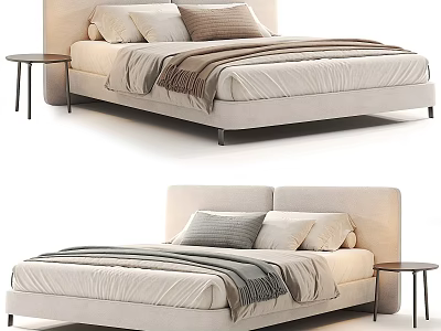 Modern Bedroom Interior With Upholstered Bed Headboard Pillows Blanket And Nightstand 3d model