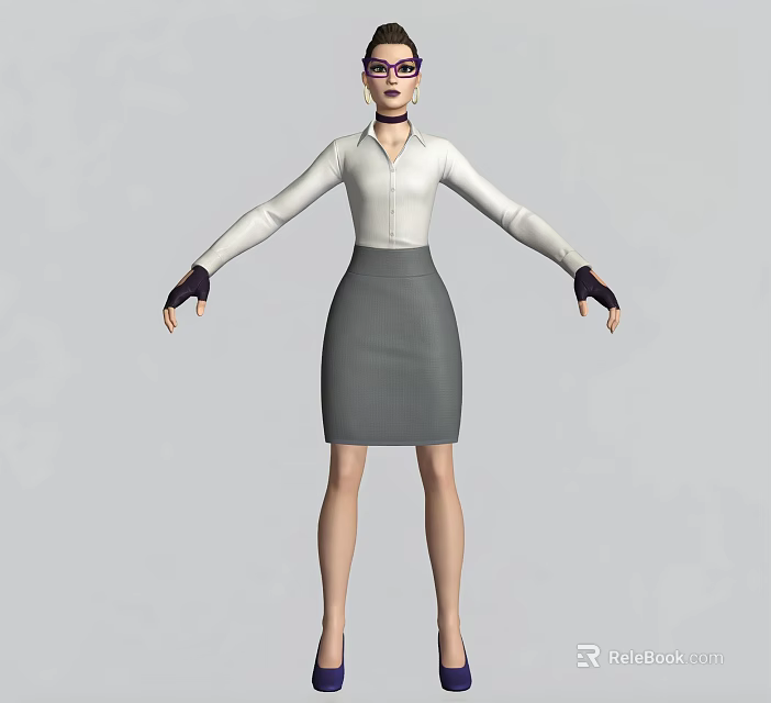 Woman in White Shirt and Gray Skirt with Purple Glasses and Black Gloves Arms Outstretched 3d model 
