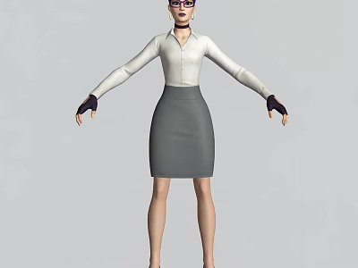 Woman in White Shirt and Gray Skirt with Purple Glasses and Black Gloves Arms Outstretched 3d model