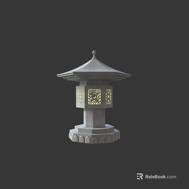 Outdoor Traditional Stone Lantern With Pagoda Style Roof Carved Lattice And Warm Glowing Light 3d model 