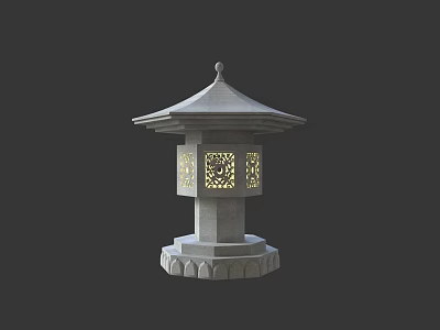Outdoor Traditional Stone Lantern With Pagoda Style Roof Carved Lattice And Warm Glowing Light 3d model