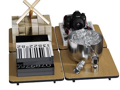Decorative Ornament Set With Golden Cross Camera Ice Bucket Barcode Cards And Wooden Trays 3d model