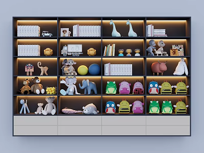 Modern Multi Shelf Bookcase With Books Toys Decorations And Built In Lighting 3d model