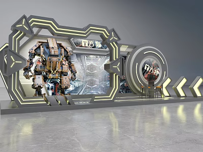 Futuristic Exhibition Area With Large Robot Illuminated Frame And Display Screens 3d model
