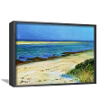 Oil Painting of Coastal Seascape with Sandy Shore Rocky Edges Blue Sea and Clear Sky