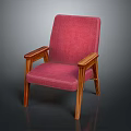 Red Upholstered Chair With Wooden Armrests And Sturdy Legs Design