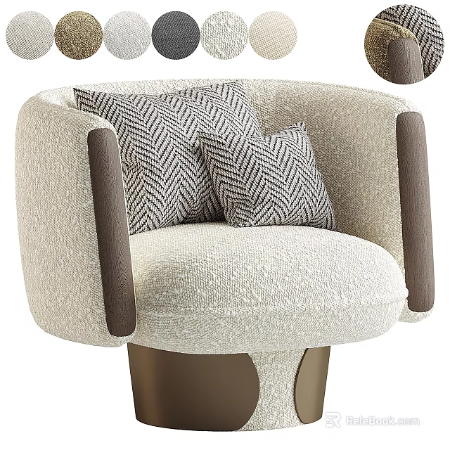 Beige Fabric Accent Chair With Brown Armrests And Herringbone Pattern Pillows 3d model