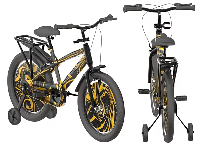 Black And Yellow Kids Bicycle With Training Wheels Wheel Patterns Storage Rack And Frame Design 3d model