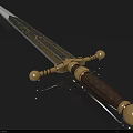 Medieval Sword With Golden Decorations Brown Wooden Hilt And Engraved Blade