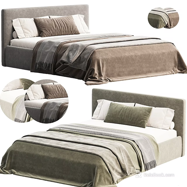 Double Bed Featuring Brown and Green Bedding with Soft Texture and Simple Headboard Design 3d model