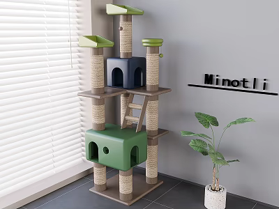 Modern Cat Tree With Green Blue Condos Sisal Posts Ladder And Potted Plant 3d model