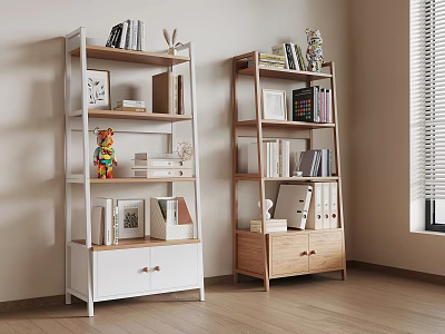 Modern Minimalist White And Wooden Bookcases With Drawers Shelves Books Photo Frames And Decor Items 3d model