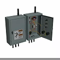 Industrial Equipment Cabinets With Warning Sign And Open Door Showing Internal Wiring Components