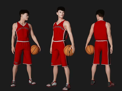 Man in Red Basketball Jersey Holding Basketball from Three Different Angles 3d model