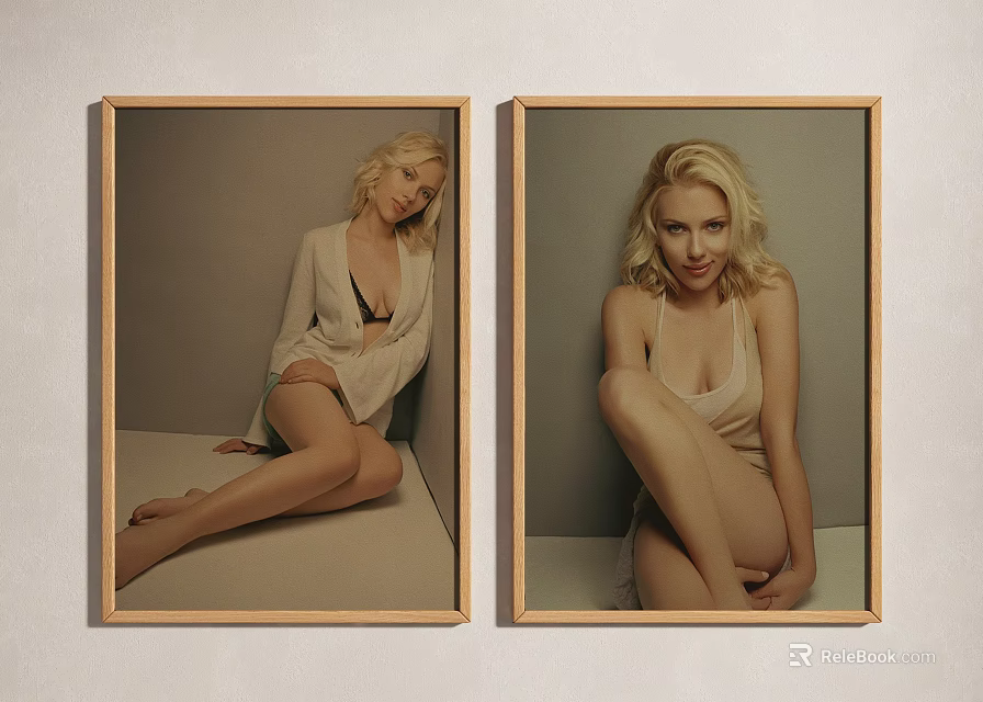 Two Female Portrait Paintings With Light Background Wooden Frames And Sitting Leaning Poses 3d model 