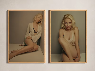 Two Female Portrait Paintings With Light Background Wooden Frames And Sitting Leaning Poses 3d model
