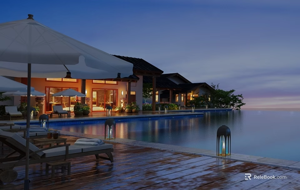Tropical Beachfront Resort Scenery With Infinity Pool Wooden Deck And Sunset View 3d model 