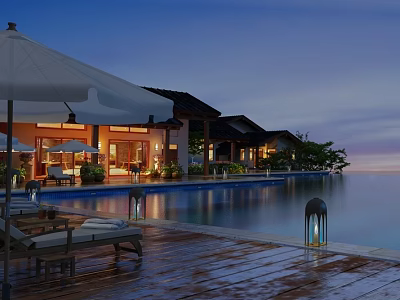 Tropical Beachfront Resort Scenery With Infinity Pool Wooden Deck And Sunset View 3d model