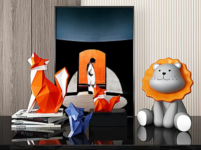 Modern Geometric Animal Shaped Decorative Figurine Set with Orange Gray Blue Desktop Ornaments 3d model
