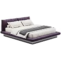 Modern double bed with purple and orange upholstered headboard and white bedspread pillows